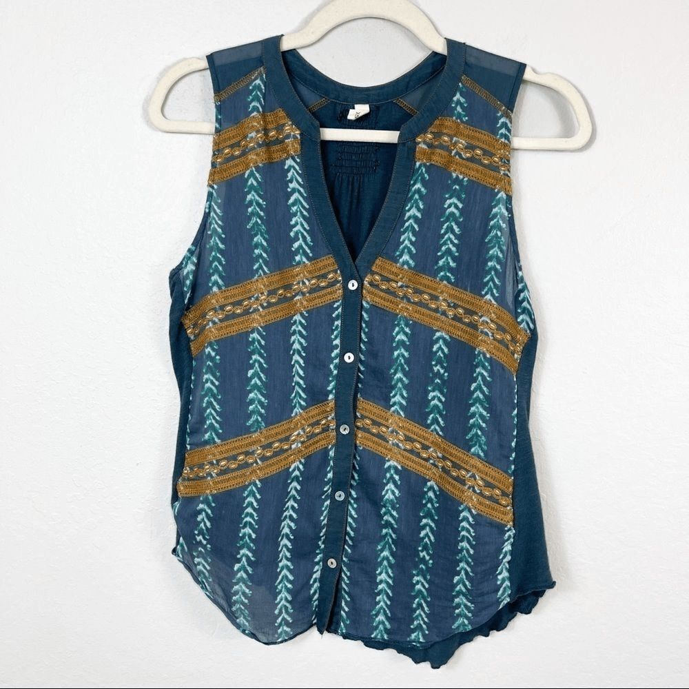 ANTHROPOLOGIE TINY Boho Sleeveless Embroidered Button Down Blouse Vest Size XS